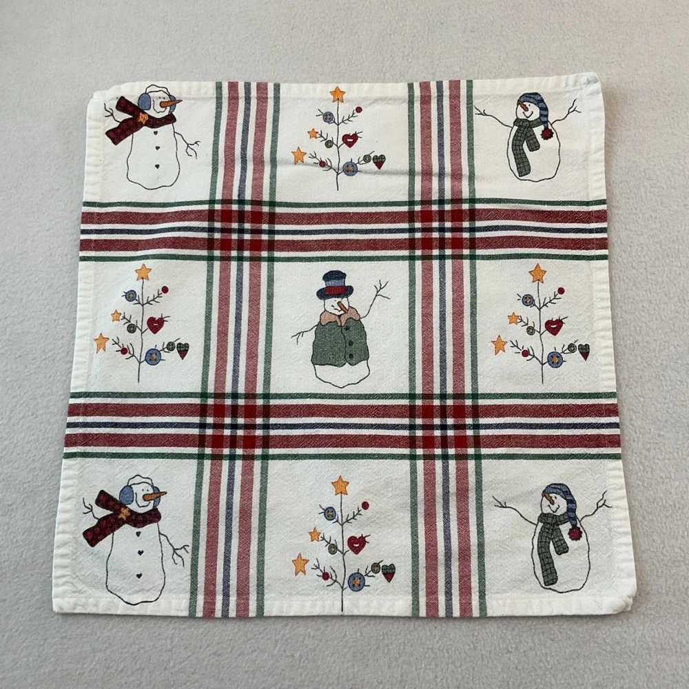 St Nicholas Square Snowman Plaid Cotton Napkins Set of 9 White Red Green Holiday